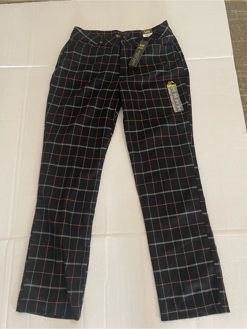 Lee Black Windowpane Plaid Trousers with Red and Gray Grid 8 Petite NWT